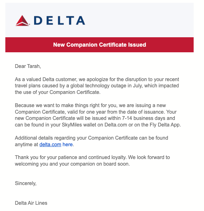 Delta Airlines new companion certificate issues screenshot